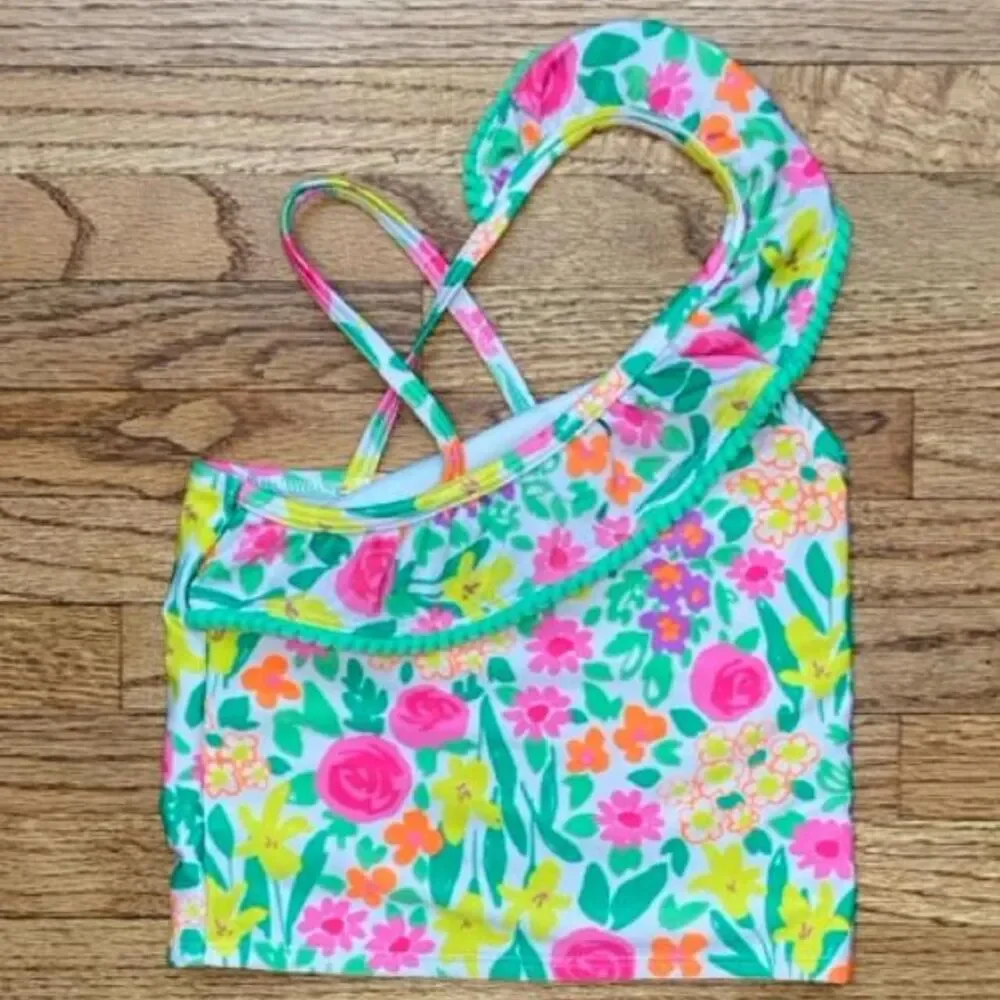 Cat & Jack Girls Floral Swim Top 3T One Shoulder Top Only Pom Trim